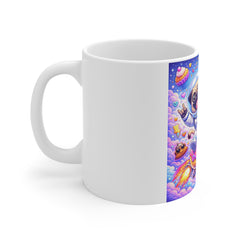 Colorful Space Pug & Cat Mug — Cute Astronaut Pets on Donut Rocket 11oz