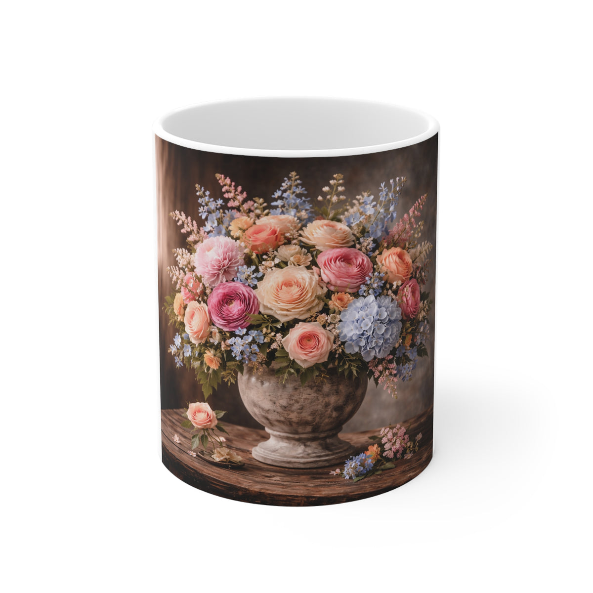 Vintage Floral Bouquet Mug — 11oz White Ceramic Coffee Cup