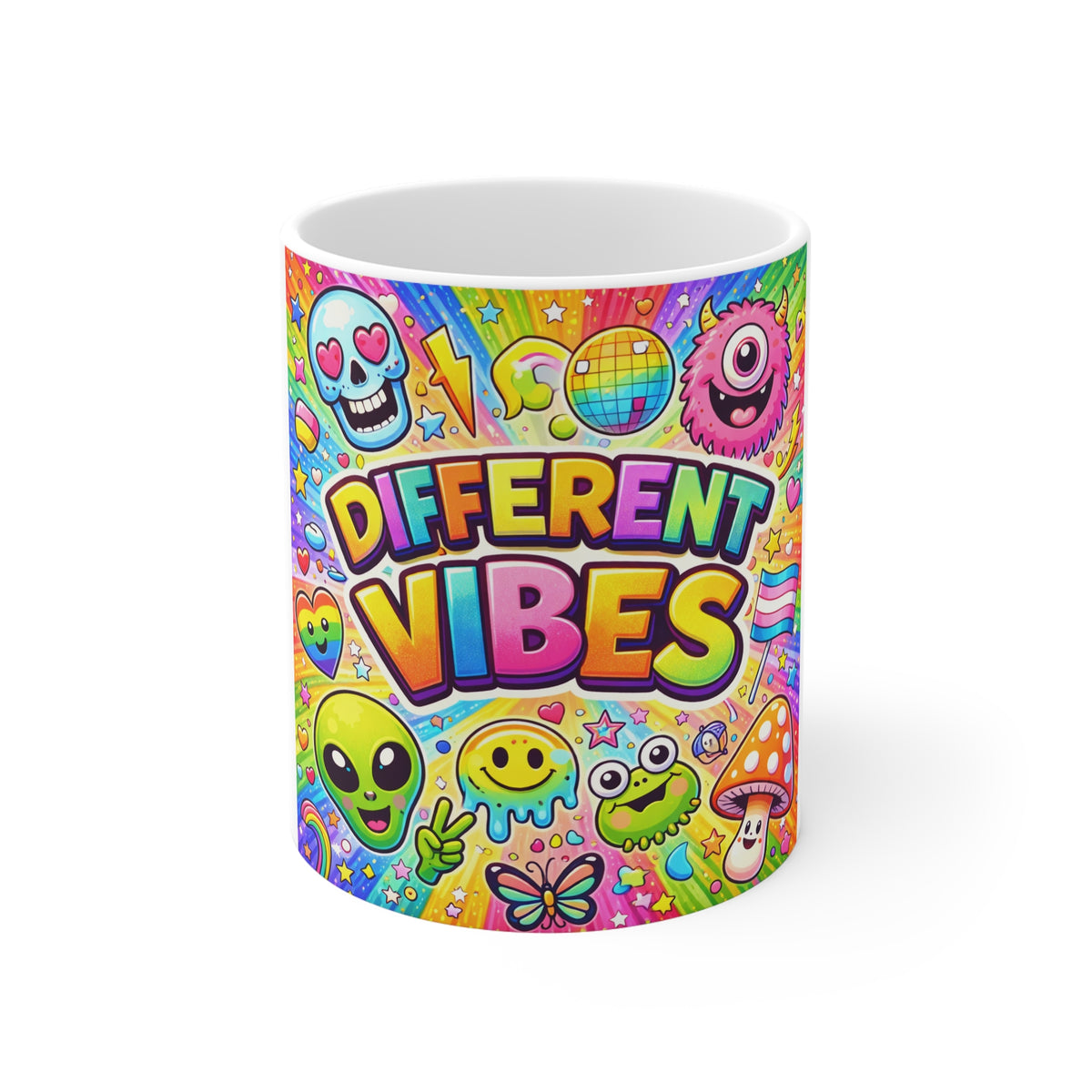 Different Vibes Colorful Cartoon Mug — Rainbow Kawaii Alien, Mushroom & Disco Design